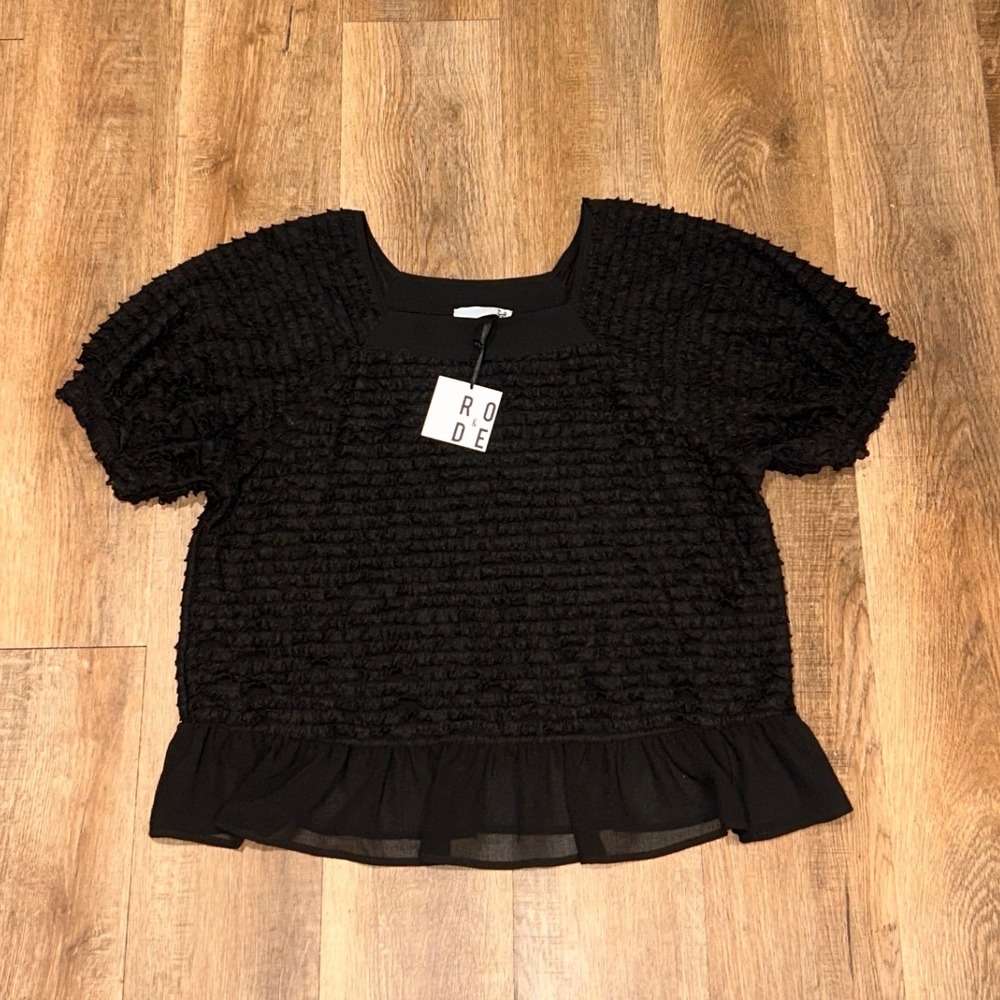 RO & DE Black Smocked Ruffle Puff Sleeve Peplum Top Square Neck NWT
